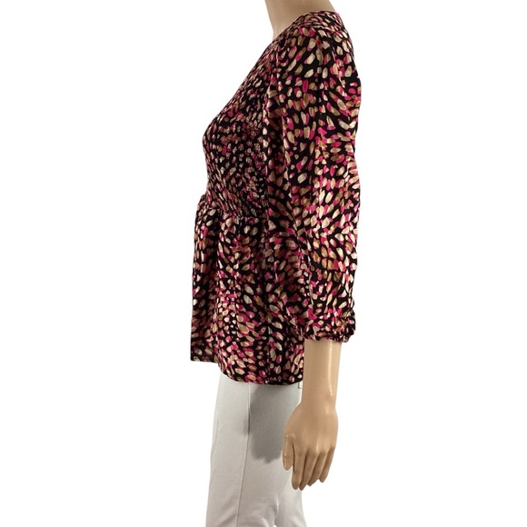 Cato Smocked Empire Waist Blouse Black Pink Print Size Small - Picture 4 of 7